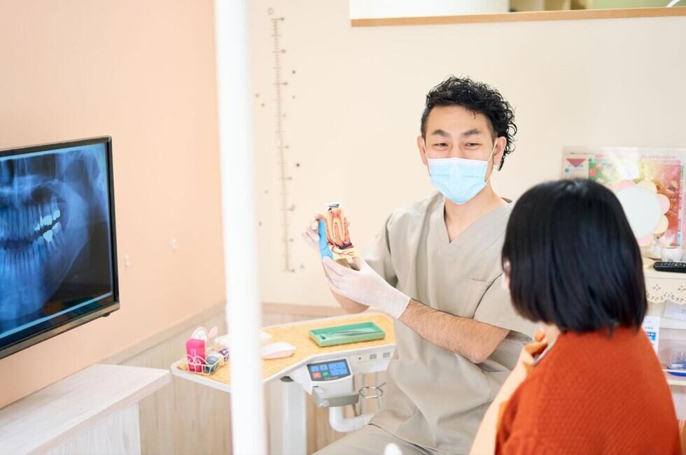 歯科医師がレントゲンと模型を使って患者に説明（カウンセリング）している様子
