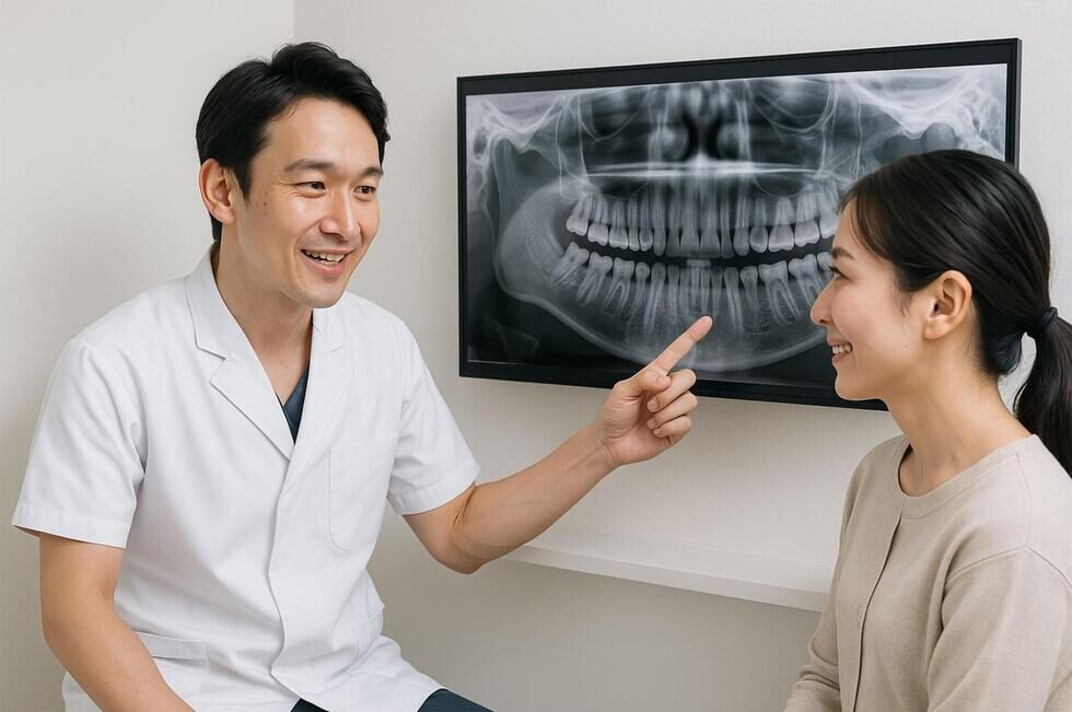 歯科医院でレントゲン画像を見ながら説明を受ける様子