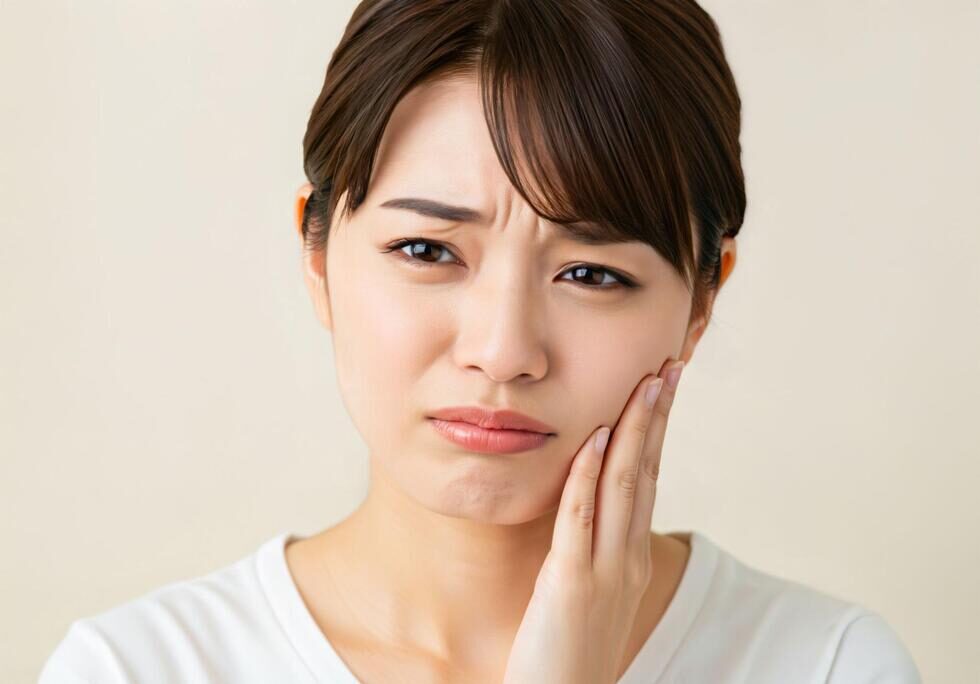 左頬を押さえて痛そうにする女性